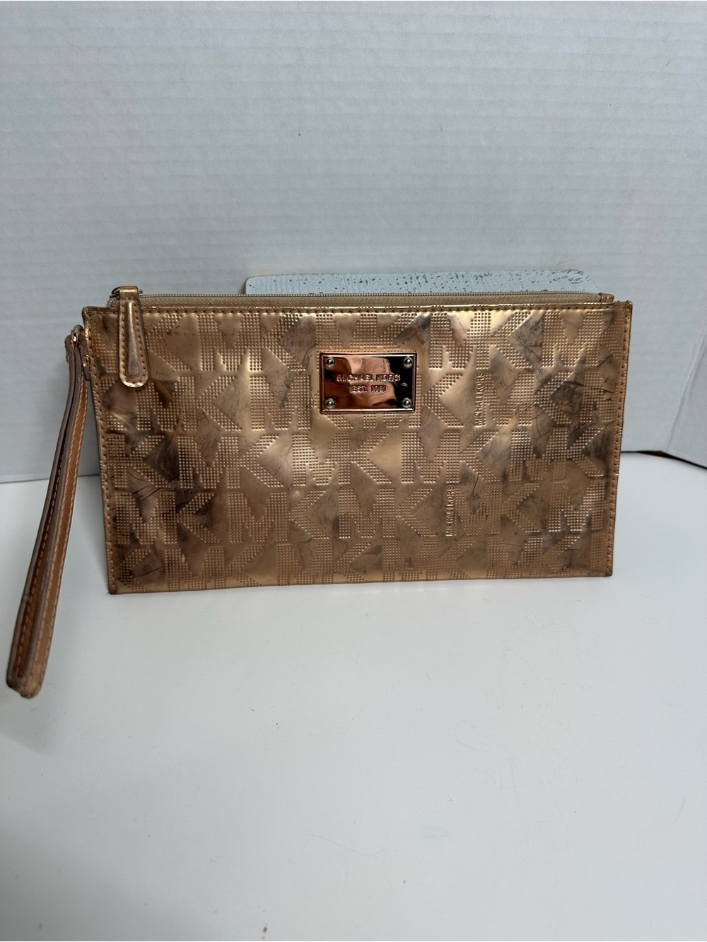 Michael Kors Metallic Rose Gold Signature Wristlet Clutch